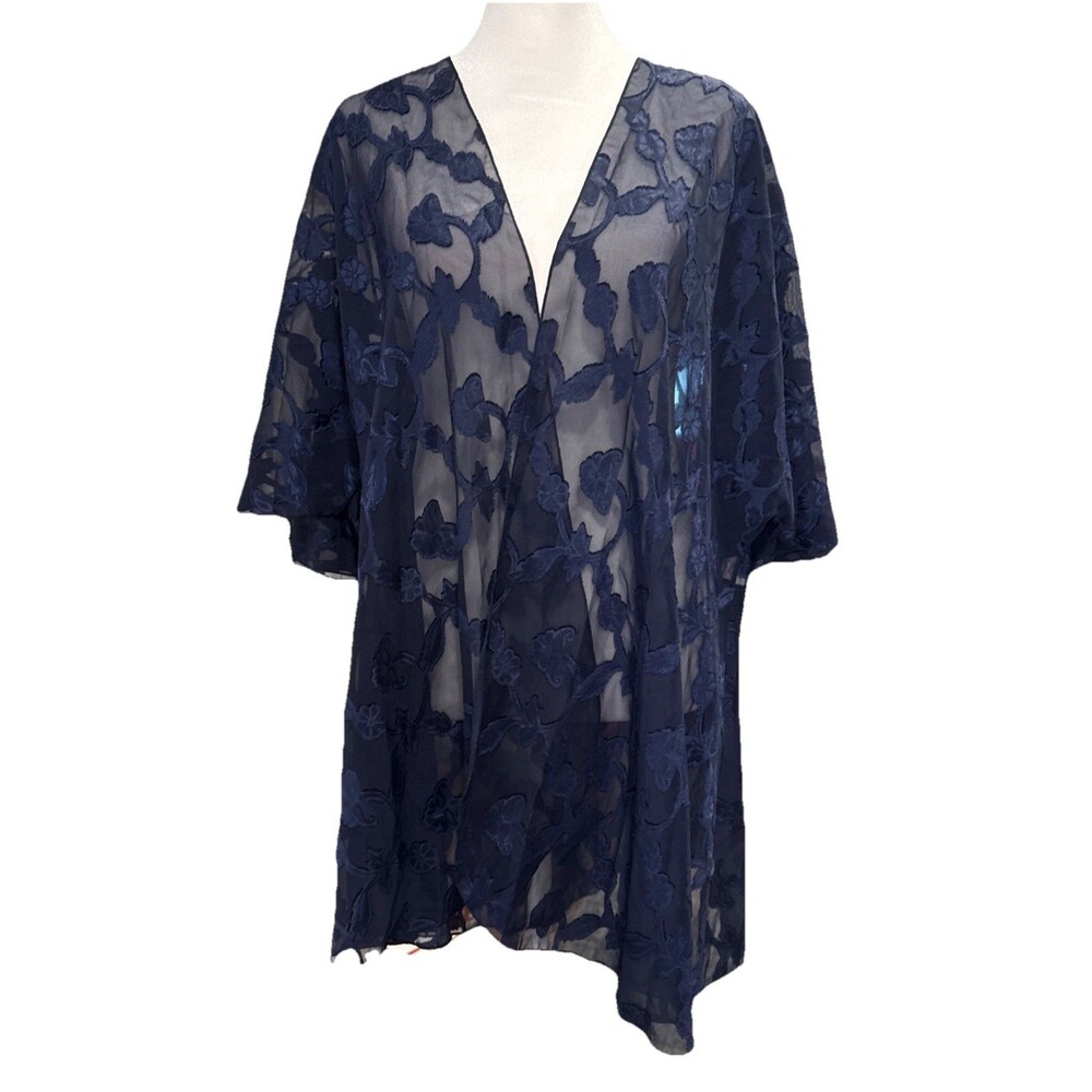 Petra Fashions Navy Floral Embroidered Sheer Open Front Kimono Cardigan Sz L